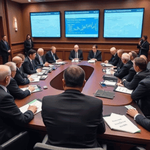 Klimarisiko - Konferenzraum mit 15 Personen in Businesskleidung bei einem hochrangigen Meeting; auf drei großen Bildschirmen sind Finanzdaten und Diagramme zu sehen – symbolisiert internationale Regulierung und Klimarisiko-Offenlegung im Bankensektor.