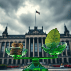 Symbolbild EU Omnibus-Paket: Grüne Glasschalen mit Münzen und Blatt vor Regierungsgebäude symbolisieren Wandel von traditioneller zu nachhaltiger Finanzierung durch neue Nachhaltigkeitsregulierung für ESG-Investoren