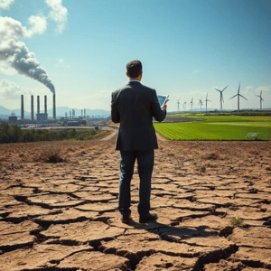 Mann steht auf rissigem, trockenem Boden mit Blick auf rauchende Industrie-Schornsteine links und Windturbinen rechts – Symbol für Umweltzerstörung versus erneuerbare Energien.