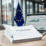 EU-Taxonomie-Verordnung Dokument vor Laptop mit Diagrammen und EU-Flagge im Büro