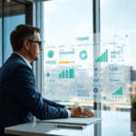 Investor analysiert VSME-Nachhaltigkeitskennzahlen eines KMU auf digitalem ESG-Dashboard im europäischen Kontext