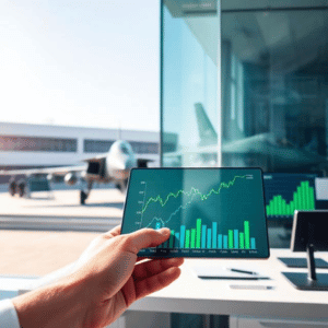 Rüstung in ESG-Fonds: Hand hält Tablet mit ESG-Aktien-Chart vor Passagierflugzeug am Flughafen